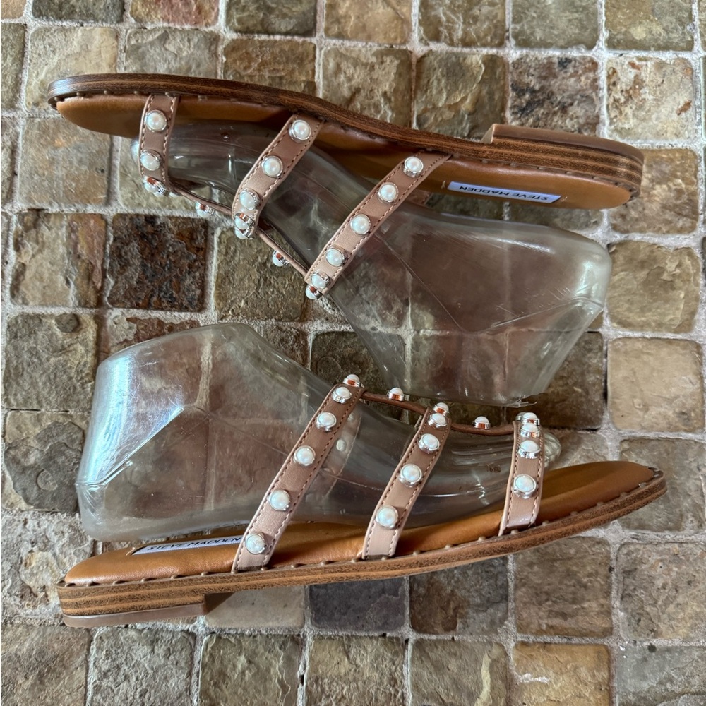 Steve Madden Tan Pearl-Studded Sandals - Picture 8 of 10